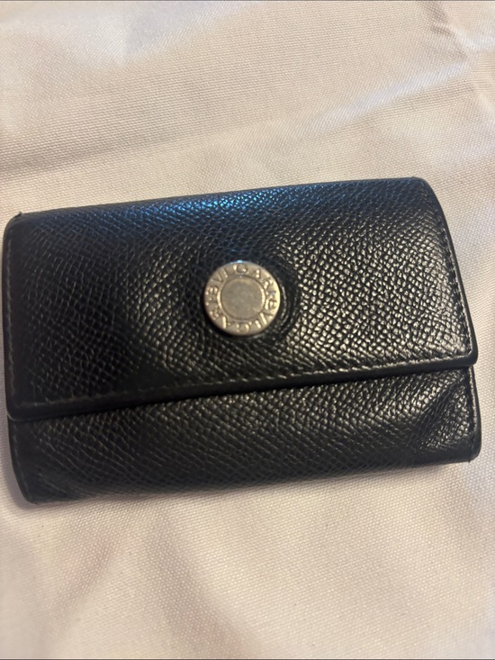 BVLGARI Accessories - Bulgari Black Leather Key & Card Holder with Silver Tone Logo Button
